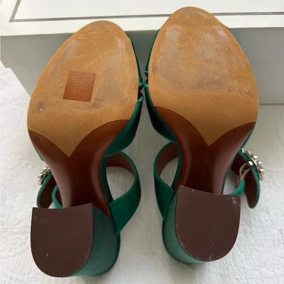 Tabitha Simmons Reyner Emerald Satin Crystal Buckle Block Heels Size 8 NWT RARE - Picture 11 of 16